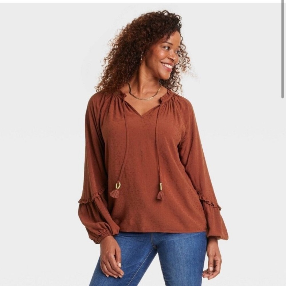 NWT Knox Rose Blouse XL Large Boho Flowy Tassels Rust Shirt Top Target Viscose